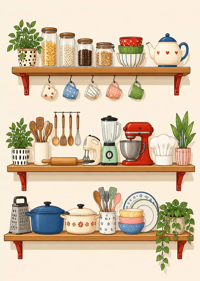 Cozy Kitchen Shelves with Utensils and Decor
