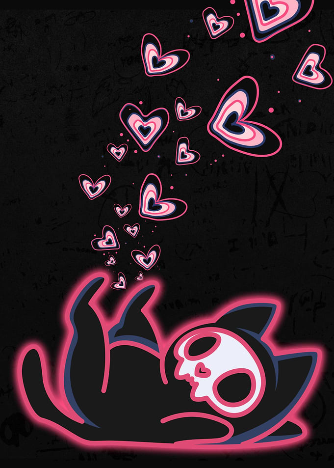 Cute Kicking Skull Cat with Hearts
