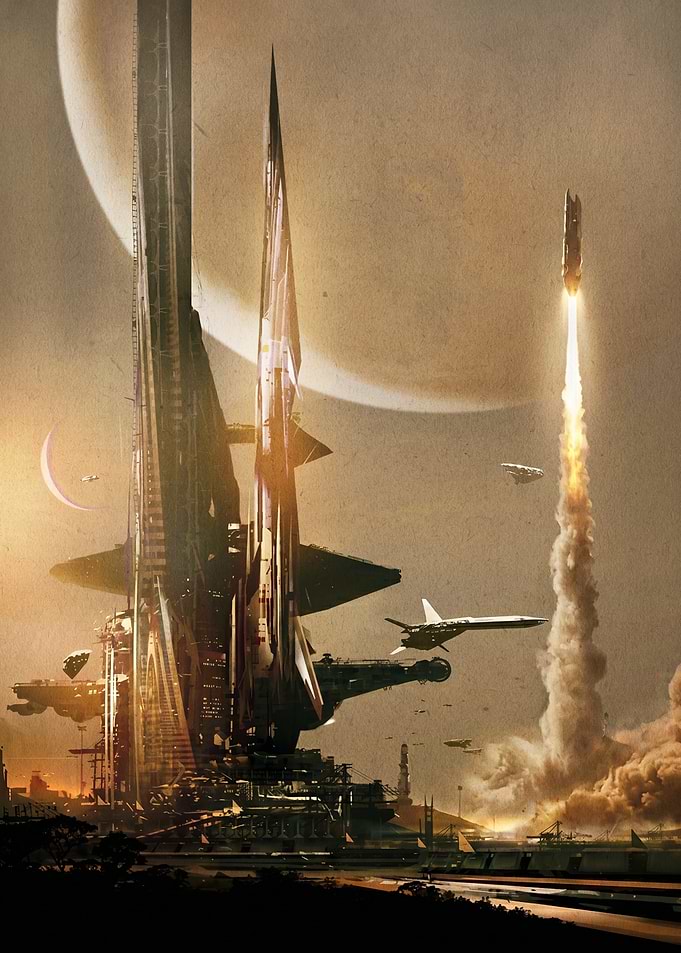 Futuristic Cityscape with Rocket Launch