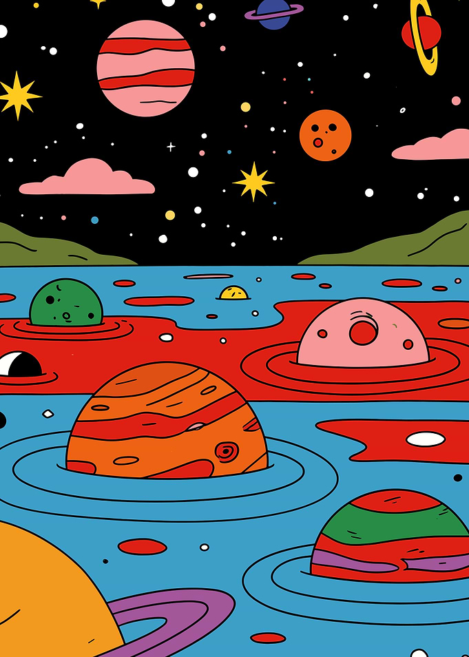 Surreal Cosmic Landscape with Planets