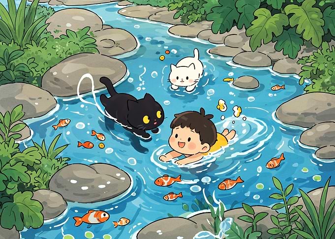 Cute Cats and Child Swimming in a Stream