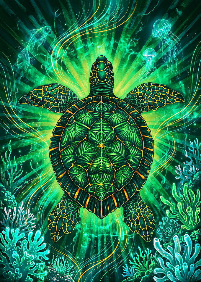 Mystical Sea Turtle with Jellyfish and Fish