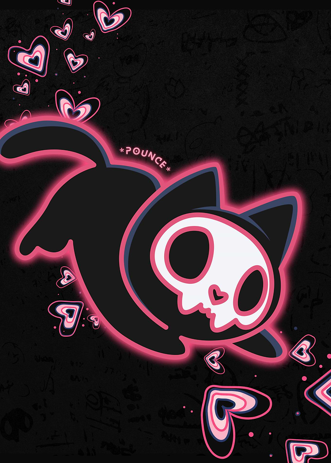 Cute Pouncing Skull Cat with Hearts