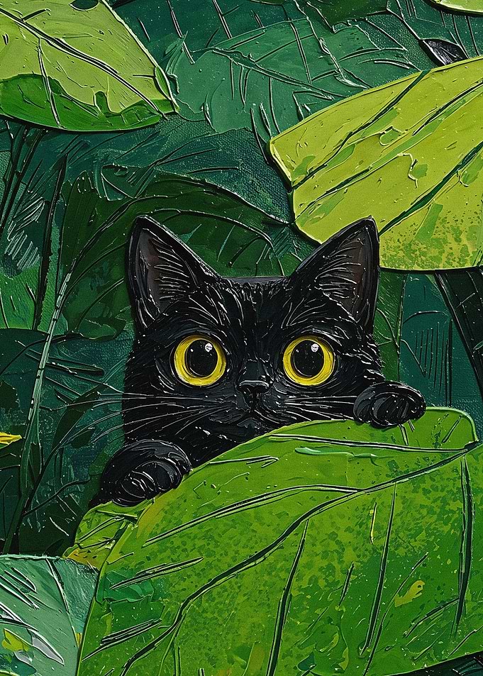 Black Cat Peeking Through Green Leaves
