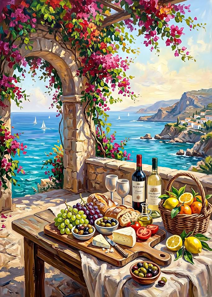 Mediterranean Balcony Feast with Sea View
