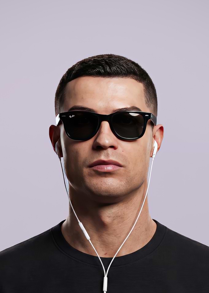 Cristiano Ronaldo wearing sunglasses and earbuds