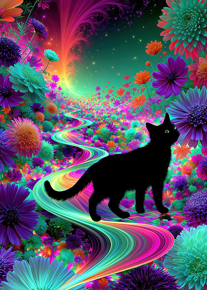 Black Cat in a Psychedelic Floral Landscape