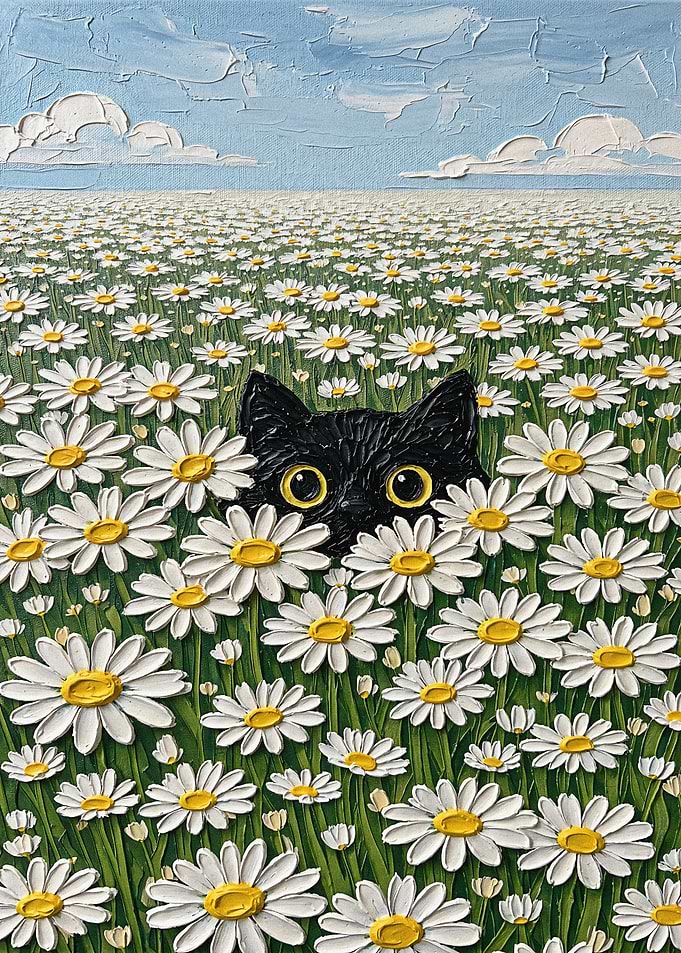 Black Cat Peeking Through Daisies