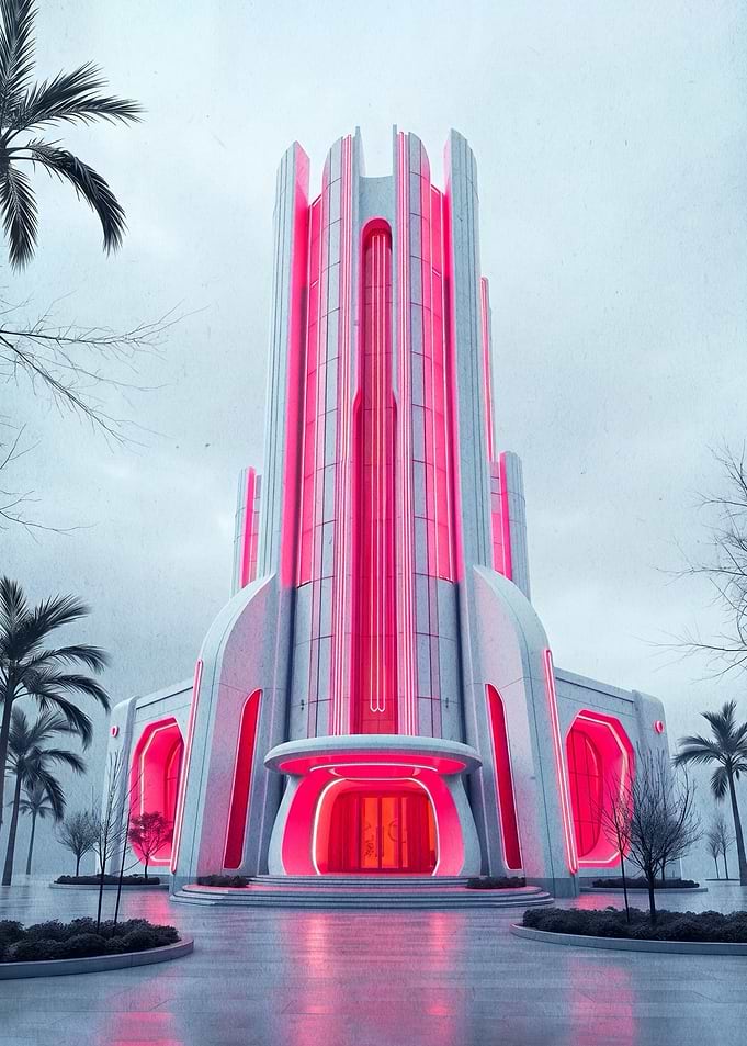 Futuristic Art Deco Building with Neon Lights