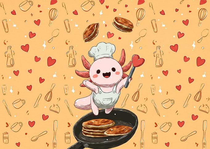 Cute Axolotl Chef Making Pancakes