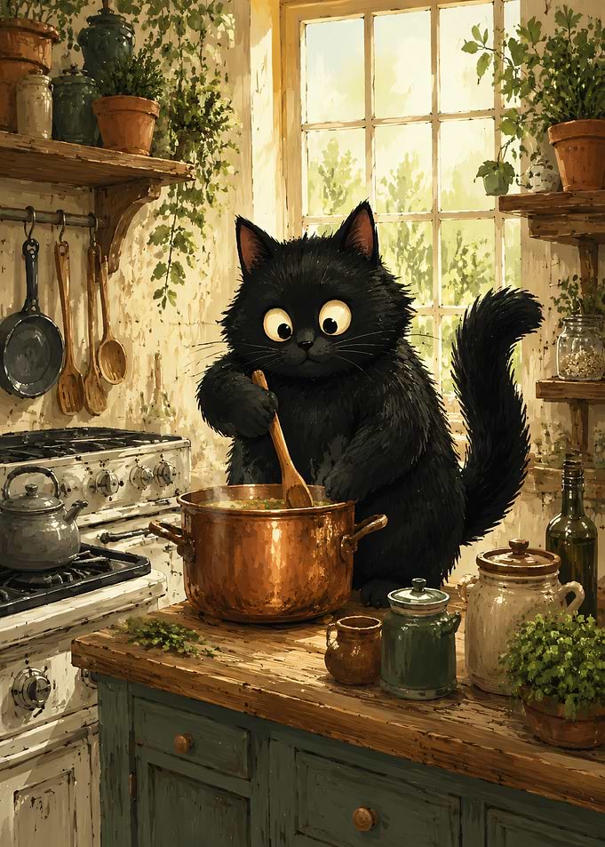 Black Cat Cooking in Kitchen