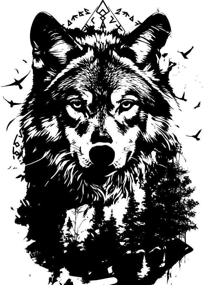 Wolf with Forest and Birds
