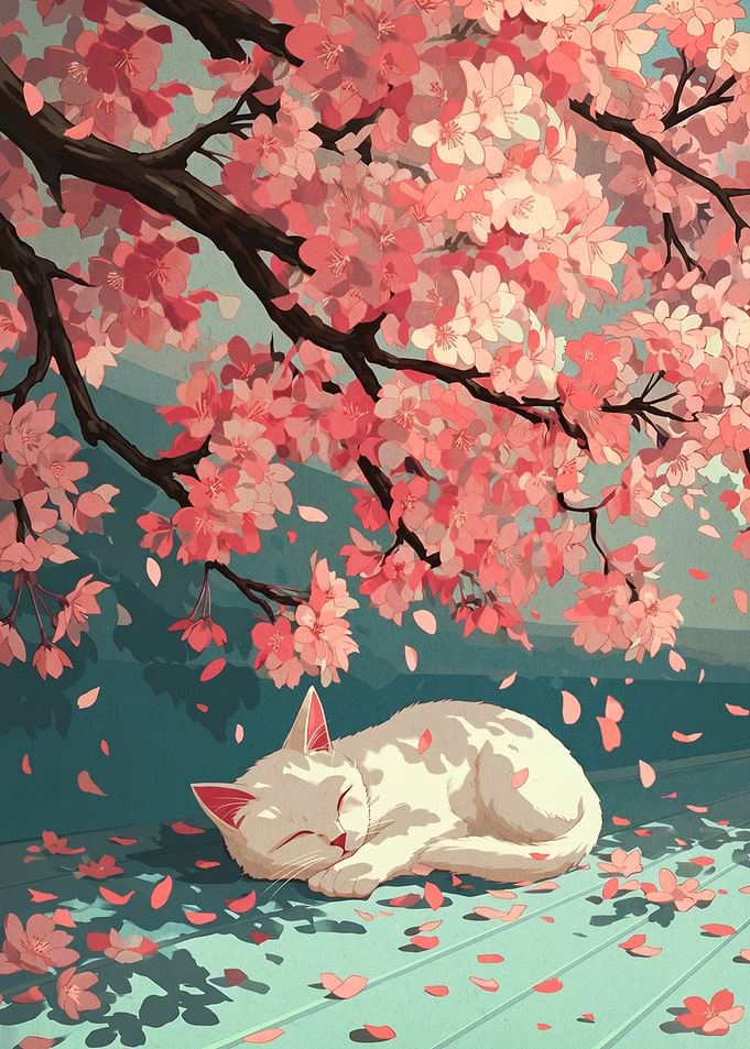 Cat Sleeping Under Cherry Blossoms