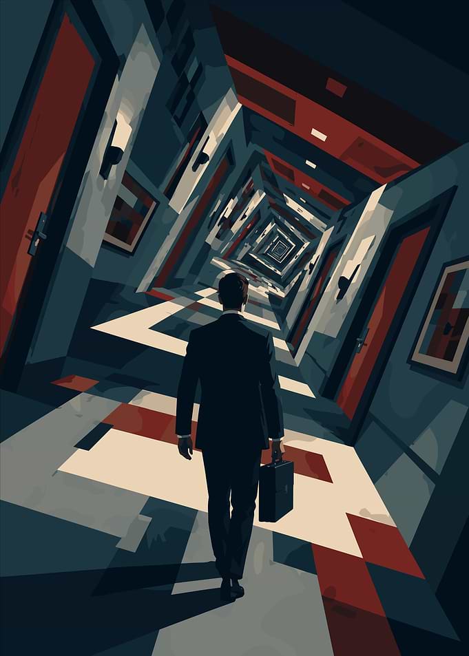 Man in Suit in Infinite Hallway