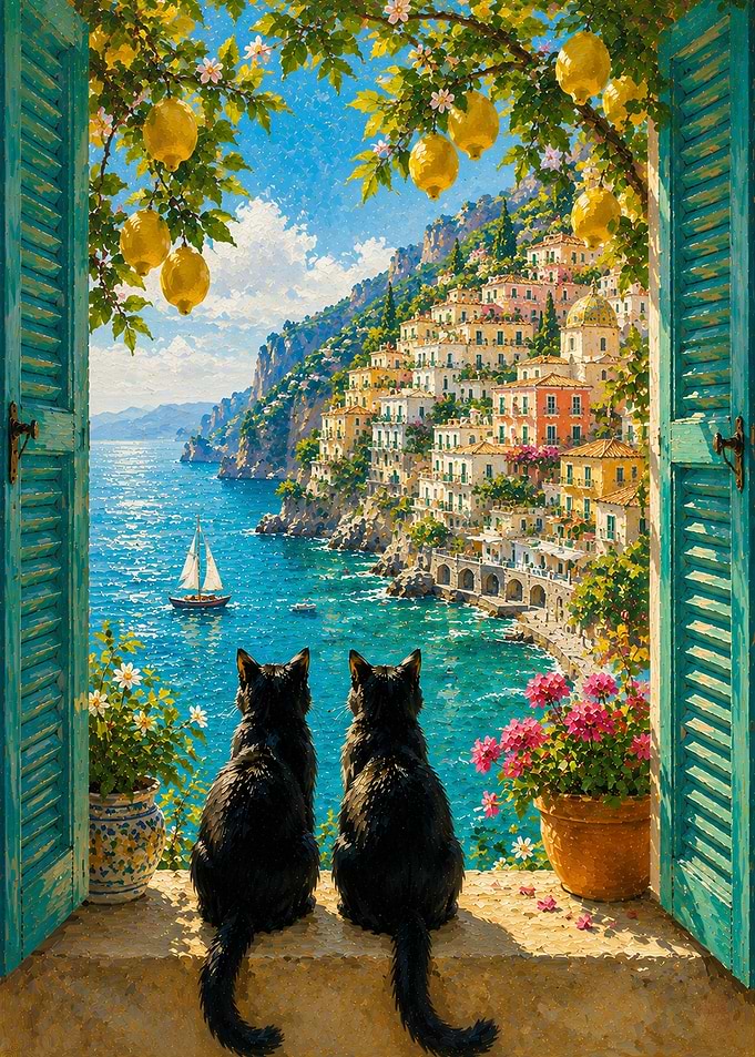 Cats admire Positano view