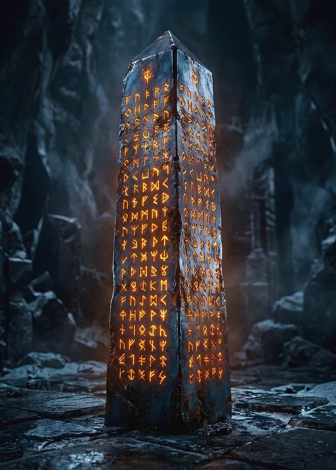 Glowing Runic Obelisk in Dark Cave