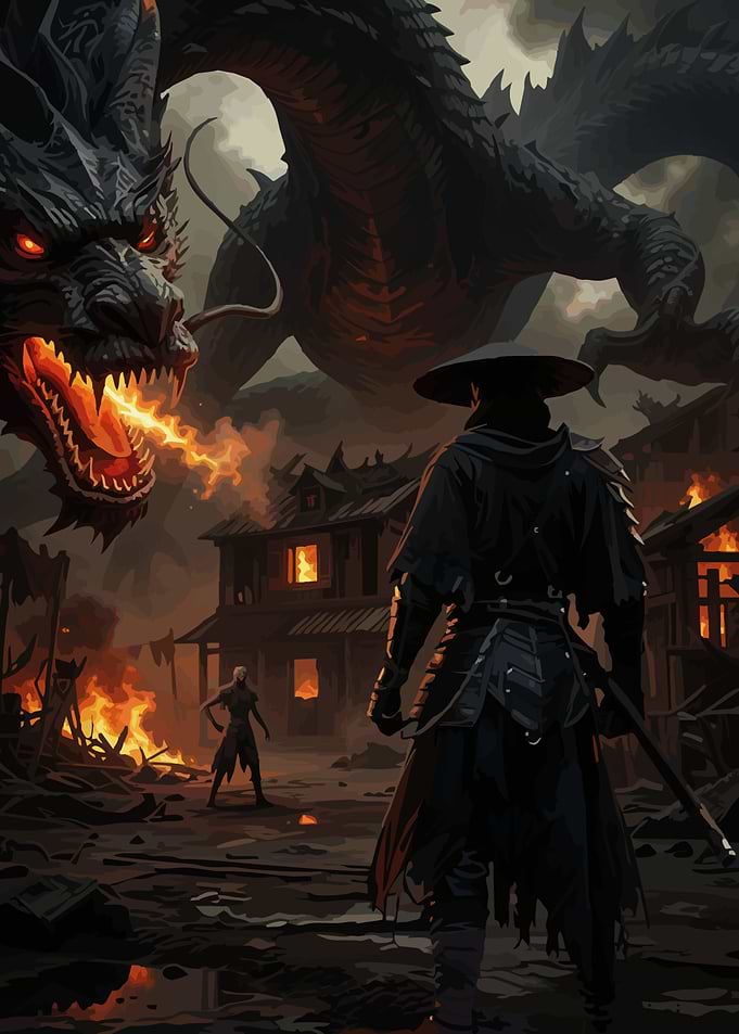 Dragon Attacks Village with Samurai Warrior