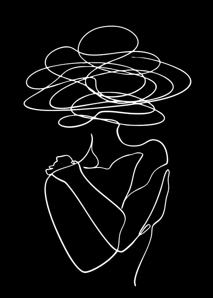 Abstract line art of a person embracing themselves