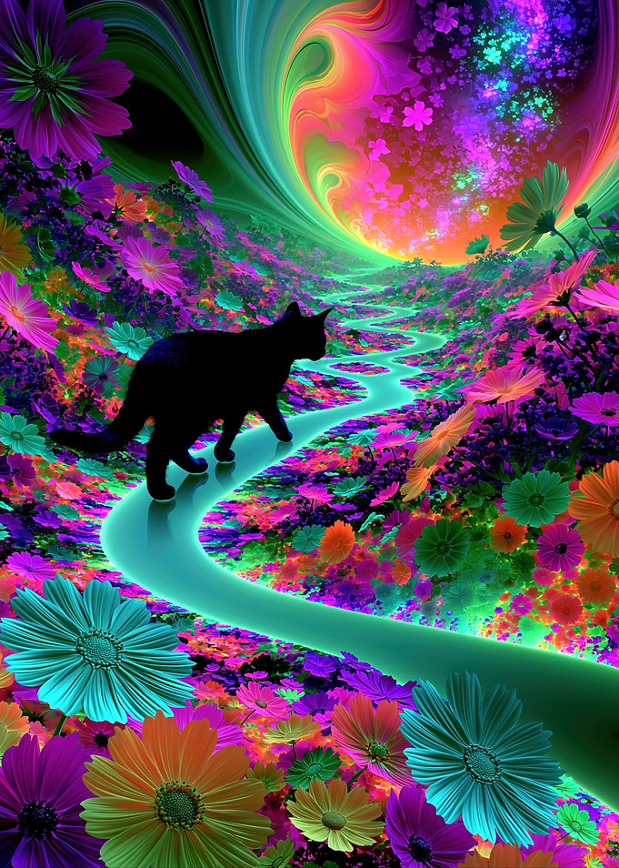 Black Cat in a Psychedelic Floral Landscape