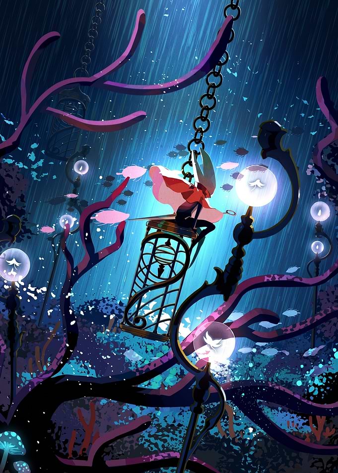 Character on a swing in a mystical underwater world