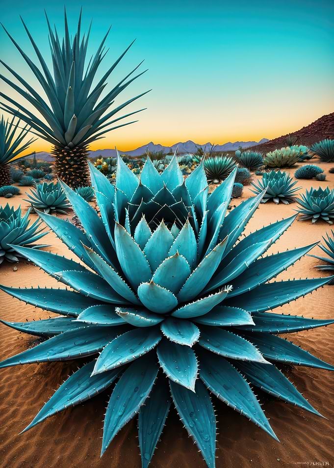 Turquoise Agave Desert at Sunset - Vibrant Succulent Landscape Print