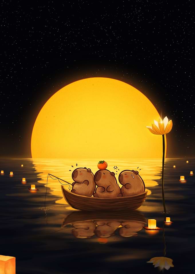 Capybaras Fishing Under a Giant Sun