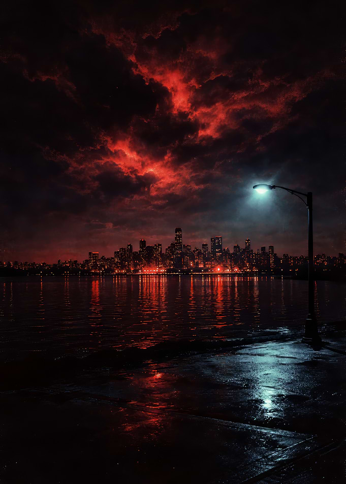 Dark Cityscape with Fiery Sky
