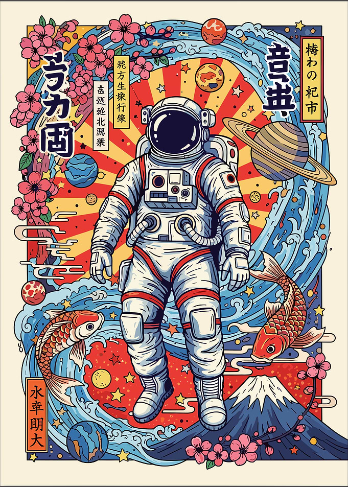 Astronaut in Japanese Space Scene