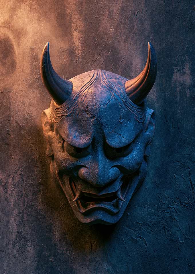 Japanese Oni Mask on Textured Wall
