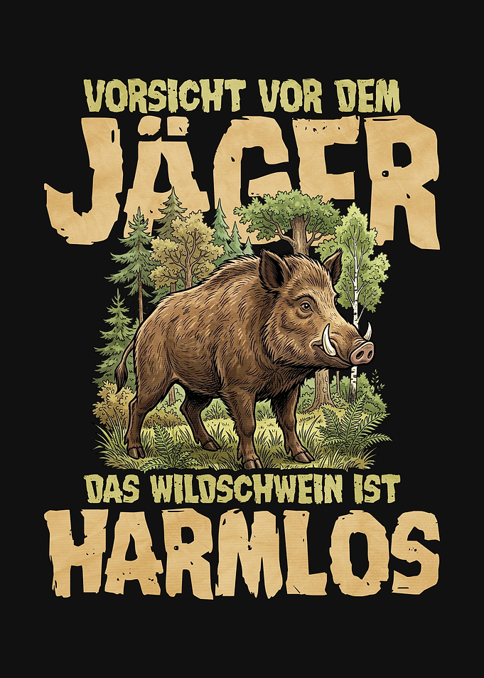 Wild Boar in Forest with Warning Text Jager
