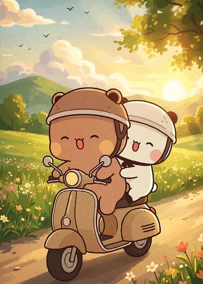 Cute bears riding a scooter at sunset