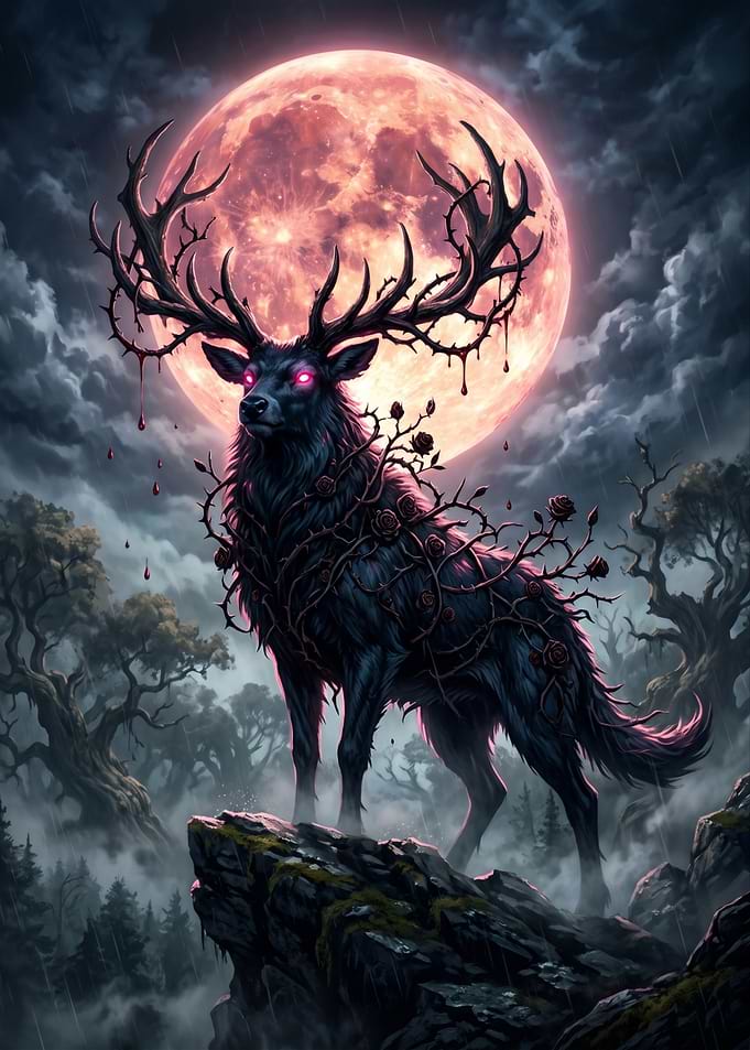 Dark Stag with Roses Under Blood Moon