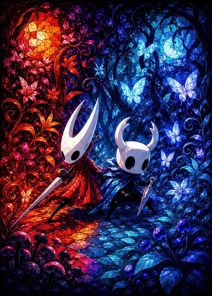 Hollow Knight Characters in Stained Glass Style
