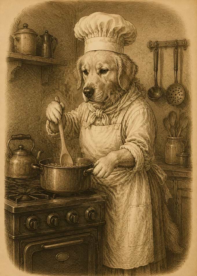 Anthropomorphic Dog Chef Cooking
