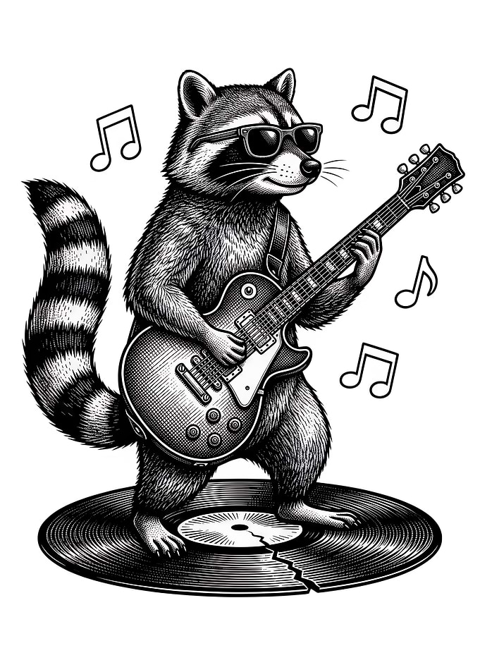 Raccoon playing electric guitar on vinyl record