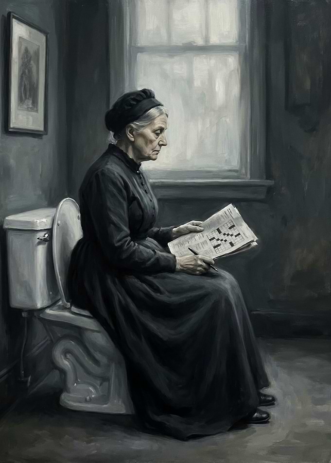 Elderly Woman Doing Crossword Puzzle in toilet
