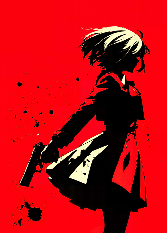 Anime Girl with Gun on Red Background