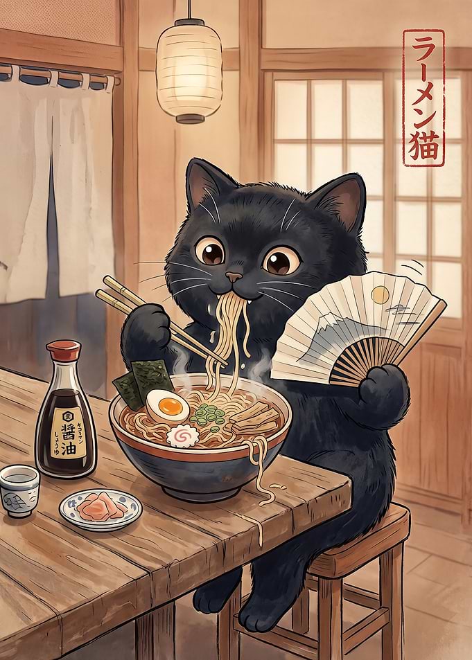 Black Cat Eating Ramen with Fan