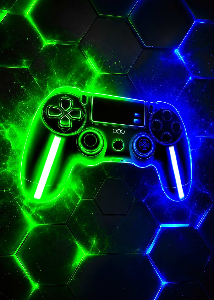 Neon Gaming Controller on Hexagonal Background