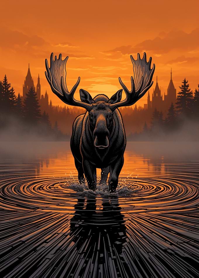 Moose in a lake at sunset