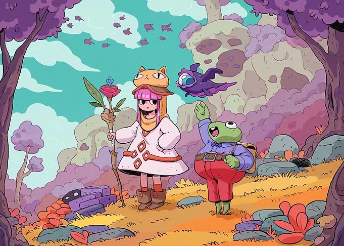 Fantasy characters in a whimsical landscape