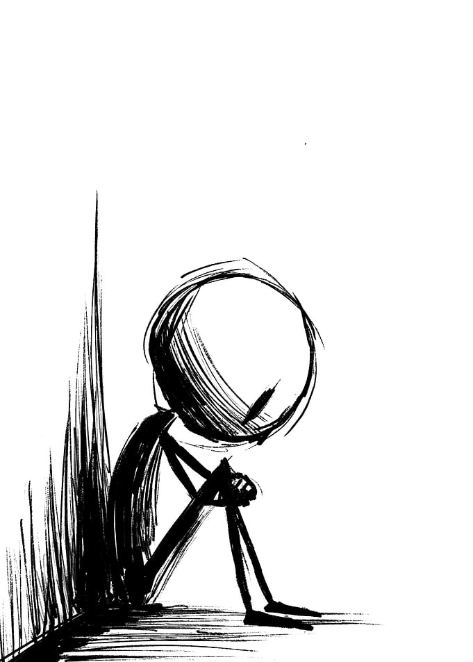 Sad stick figure sitting alone