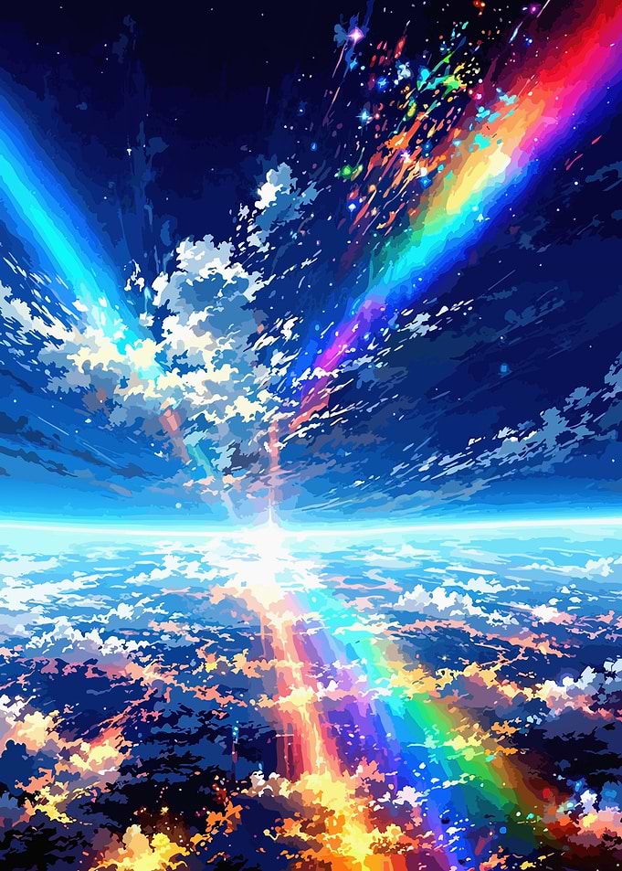 Vibrant Sky with Rainbows and Clouds