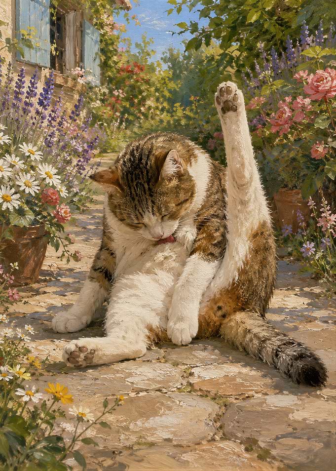 Cat grooming in a garden Brown Tabby Funny Poster