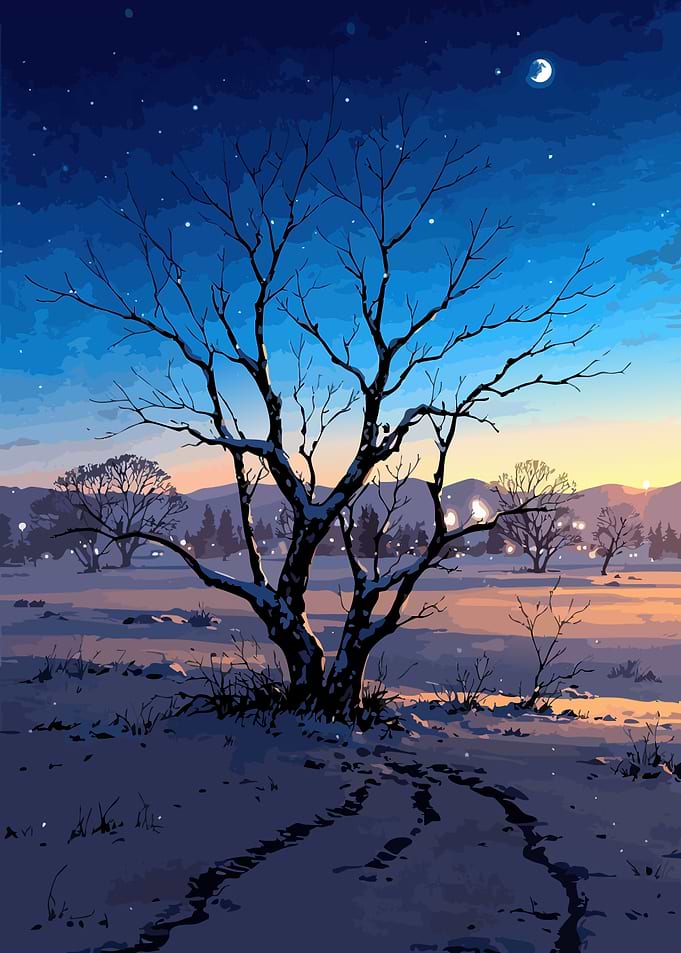 Winter Night Landscape with Bare Tree