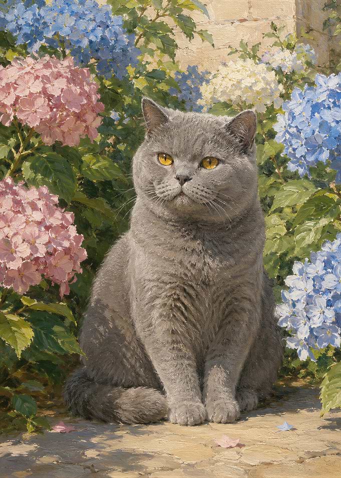 British Shorthair Cat Amidst Hydrangeas