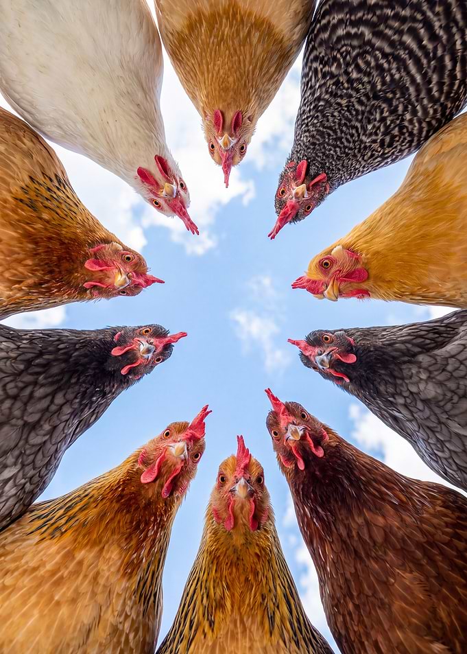 Chickens looking down from above