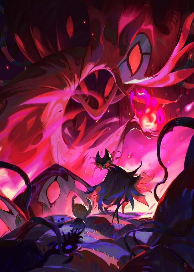 Hollow Knight Characters in Fiery Landscape