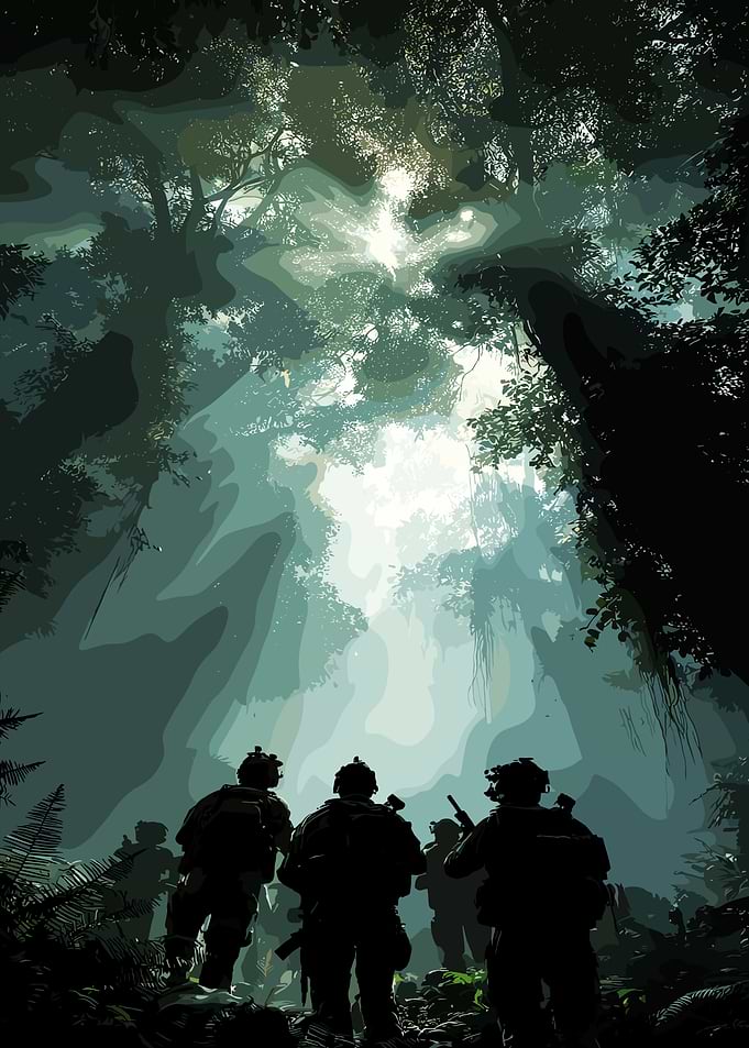 Soldiers in a Lush Jungle