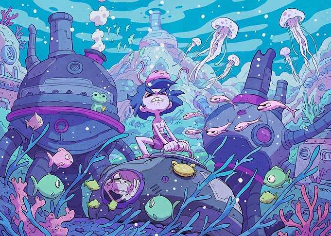 Underwater Anime Scene with Characters and Creatures